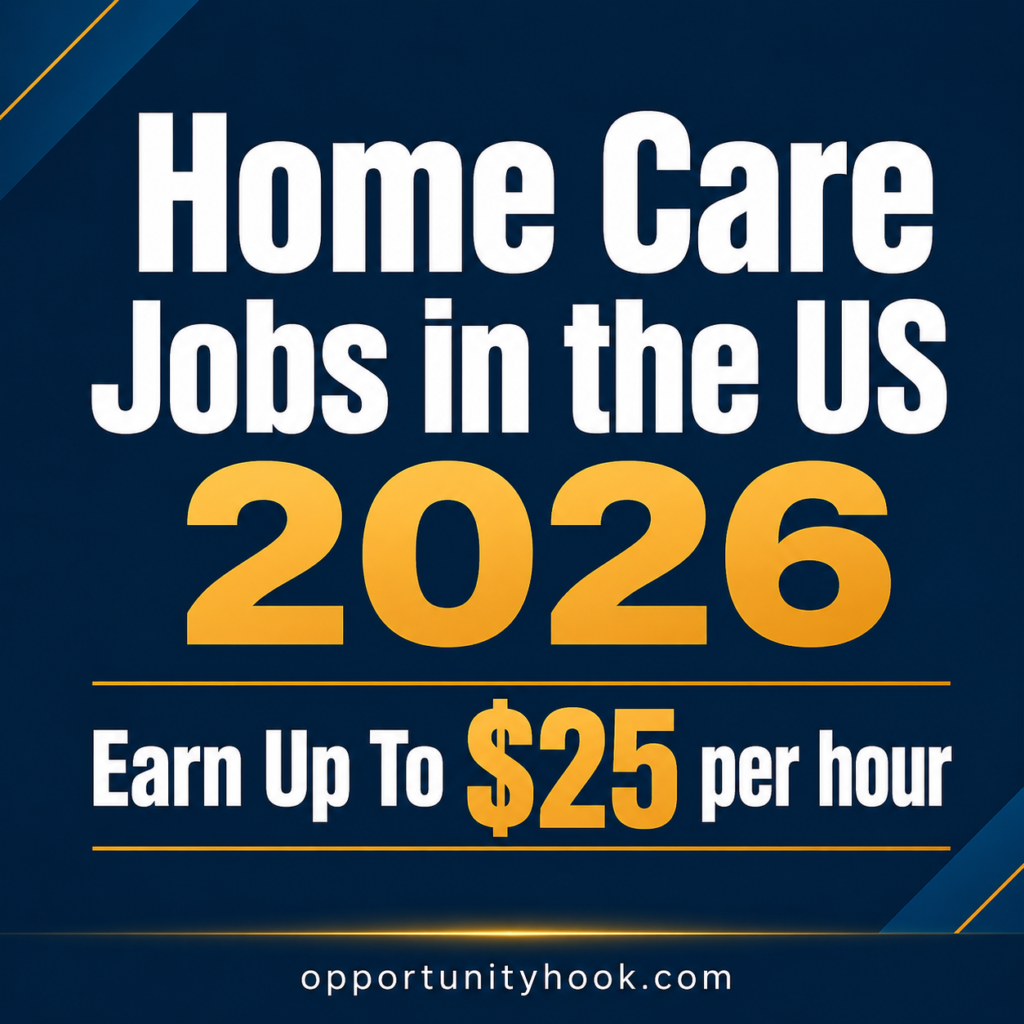 Generate a square image with a 1:1 aspect ratio. No photographs, no people, no realistic scenes. The image must contain only typography and simple geometric design elements. Main text in large, bold, modern font: Home Care Jobs in the US 2026 Subtext below it, slightly smaller but prominent: Earn Up To $25 per hour Use a professional, high‑trust color scheme: dark blue or teal background with bright white and gold/orange accents for the text. Keep the layout clean, centered, and easy to read even at small sizes (like on mobile search results). No clutter, no decorative icons that distract. At the very bottom footer of the image, in small but readable white or light gray text, include: opportunityhook.com home care jobs in the US